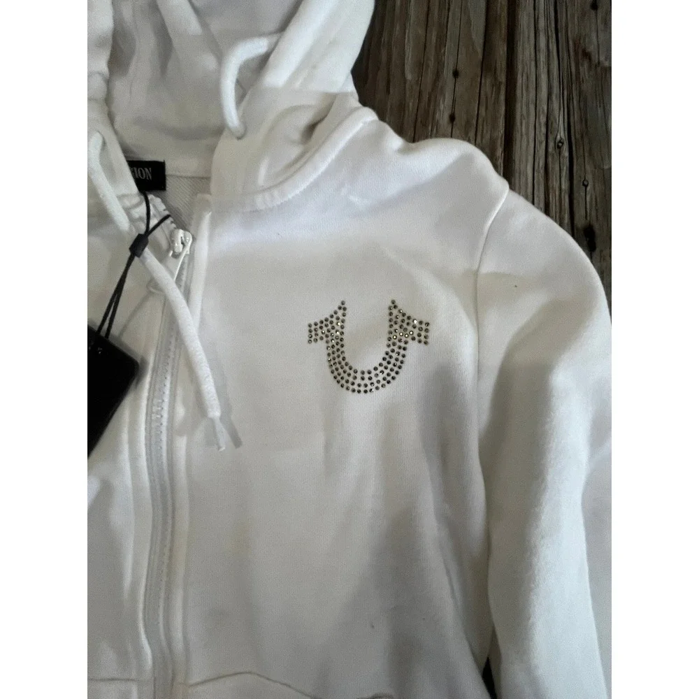 True Religion Optic White Rhinestone Logo Zip Hoodie 207980 Mens‎ Small NWT